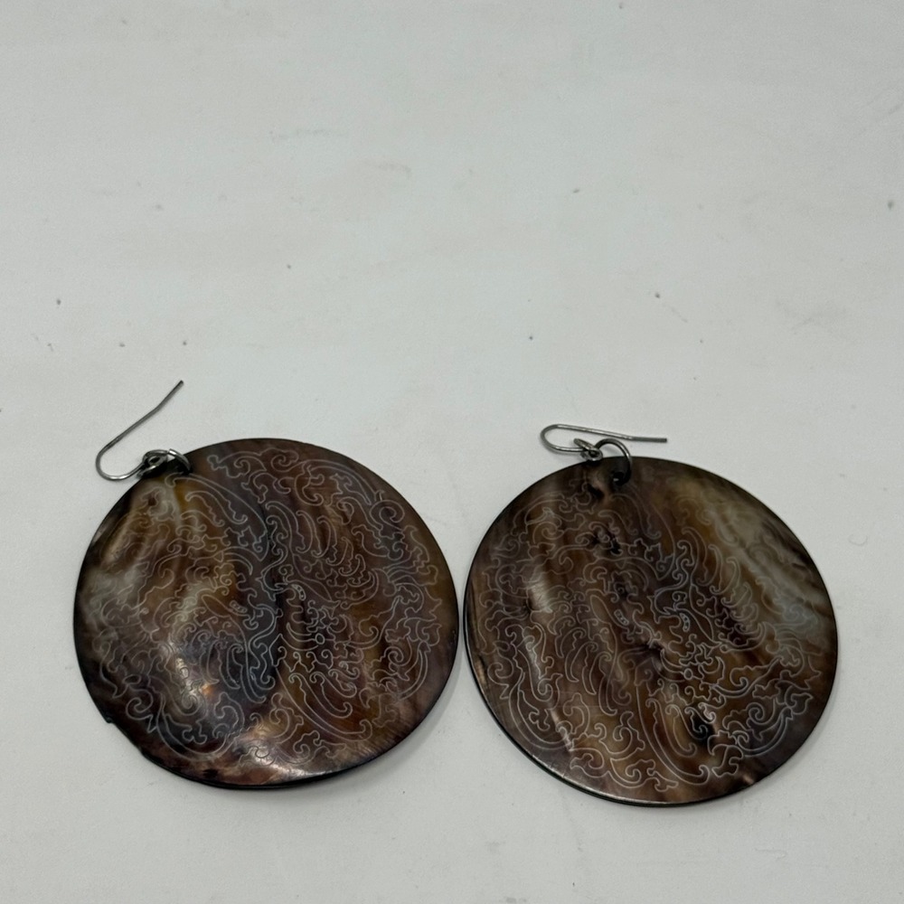 Large Etched Brown Mother of Pearl Shell Round Drop Statement Earrings Boho